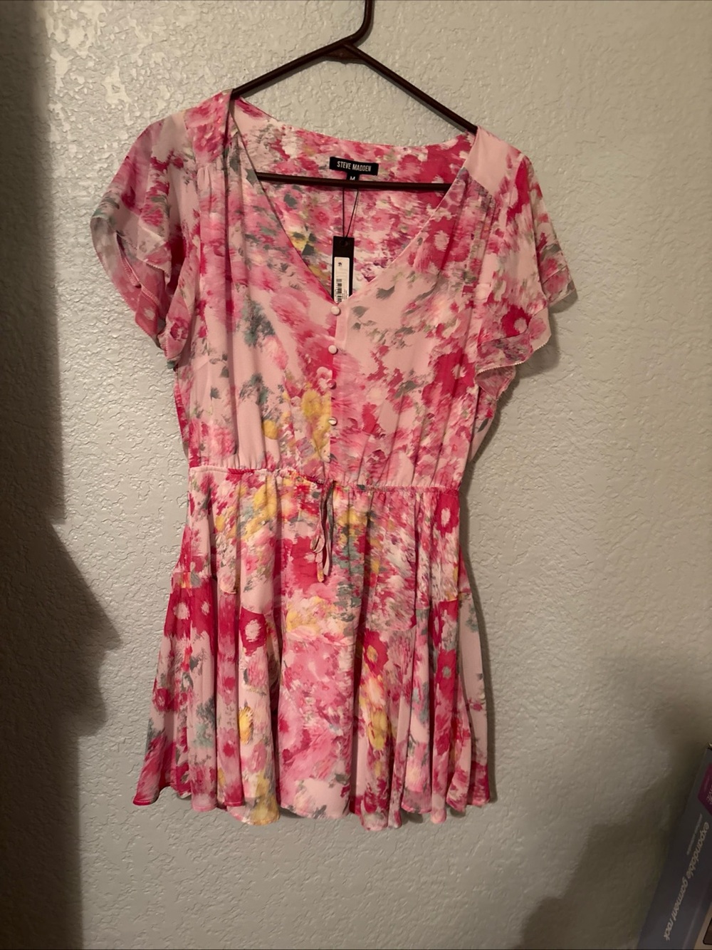 Steve Madden Pink Floral Button-Front Tie-Waist Mini Dress